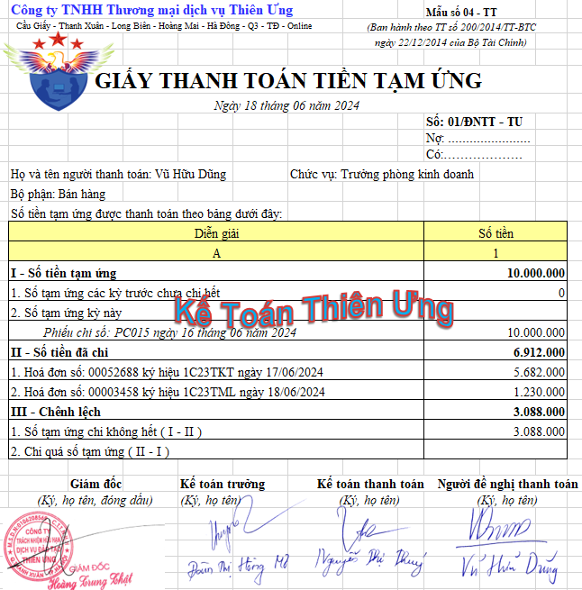 Mẫu giấy thanh toán tiền tạm ứng theo Thông tư 200