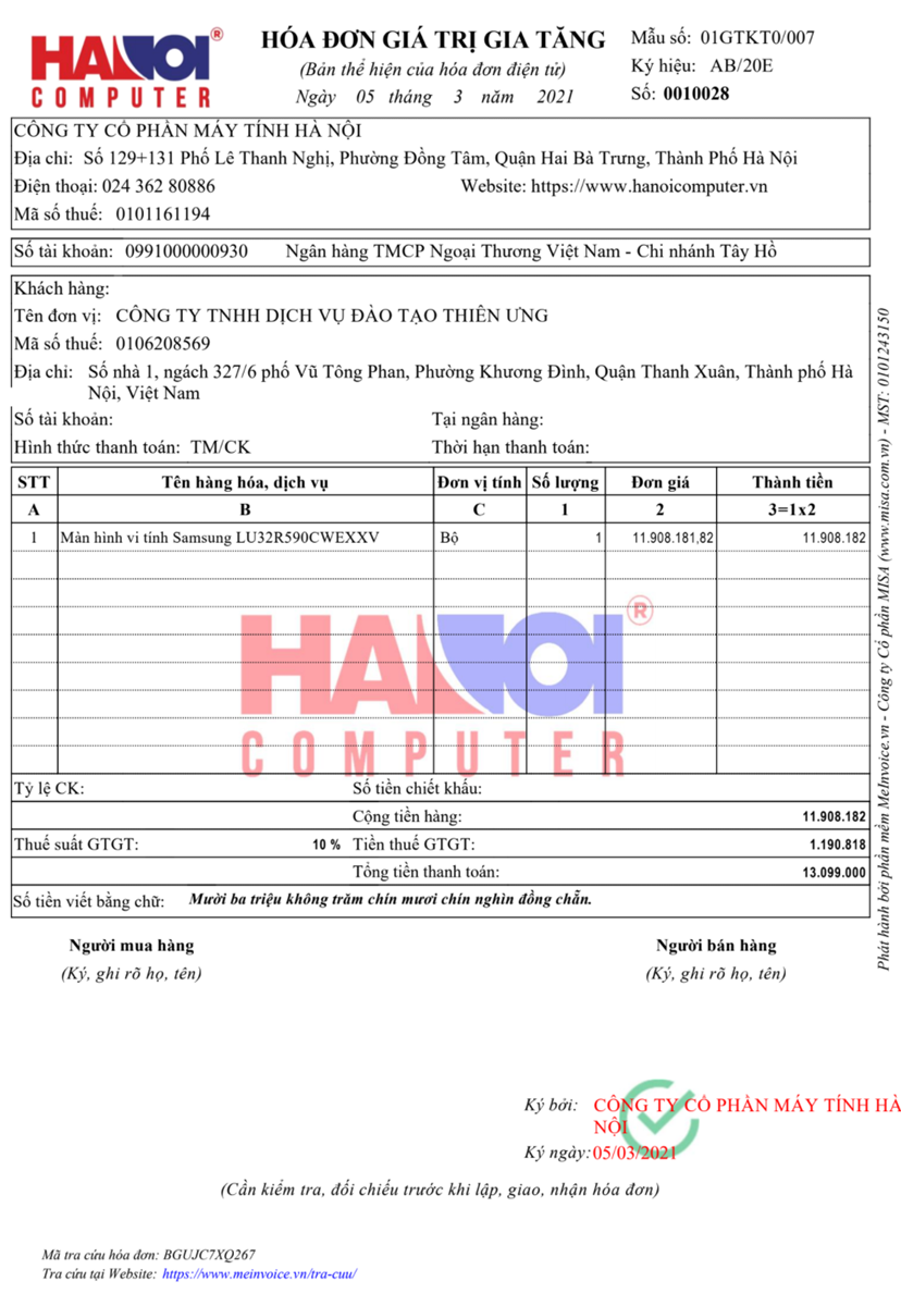 Mẫu hóa đơn điện tử 2021