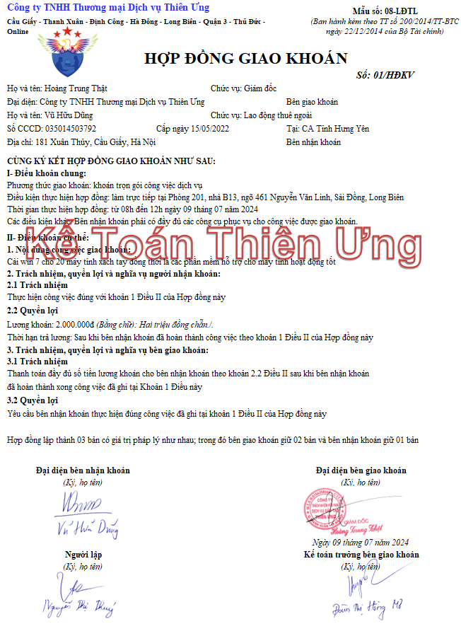 Mẫu hợp đồng giao khoán theo tt 200