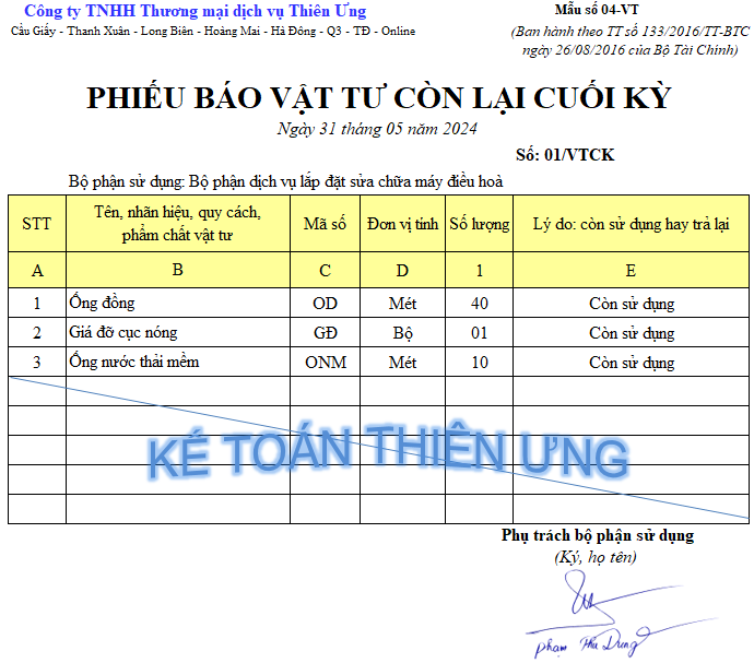 Phiếu báo vật tư còn lại cuối kỳ