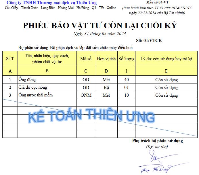 Mẫu phiếu báo vật tư còn lại cuối kỳ theo thông tư 200