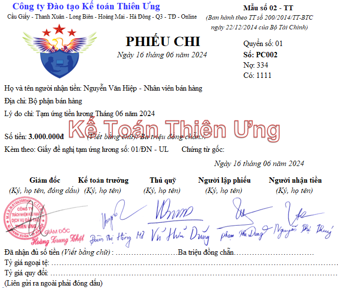 Mẫu phiếu chi Excel theo TT 200