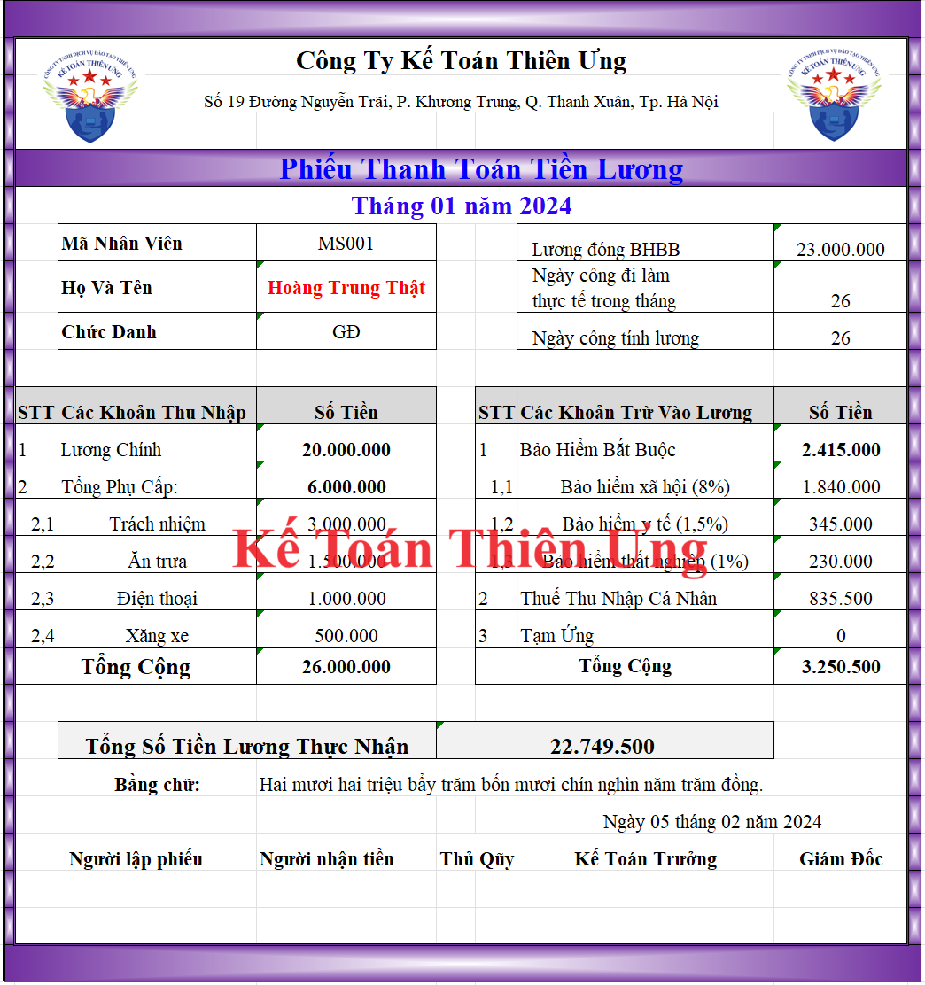 Mẫu phiếu lương nhân viên trên Excel