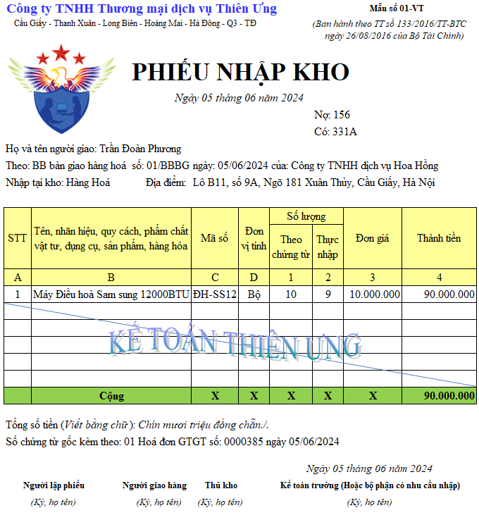 Mẫu phiếu nhập kho theo thông tư 133