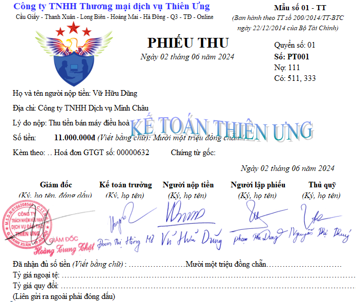 Mẫu phiếu thu theo tt200 trên Excel