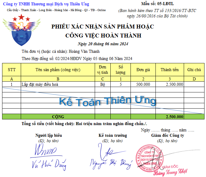 Phiếu xác nhận sản phẩn hoặc công việc hoàn thành