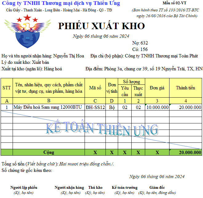 Mẫu phiếu xuất kho bằng Excel theo TT 133