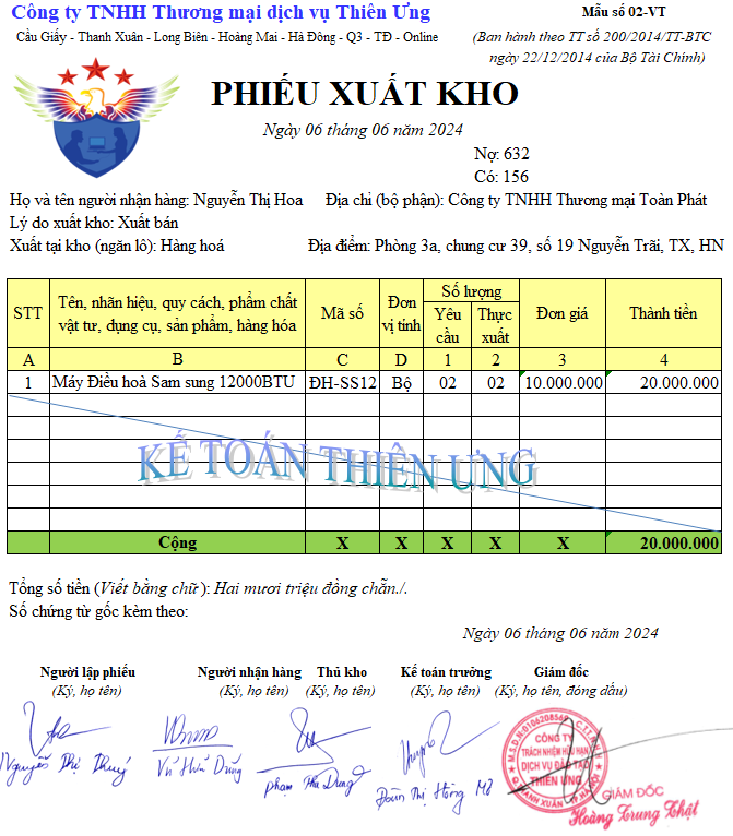 Mẫu phiếu xuất kho theo thông tư 200