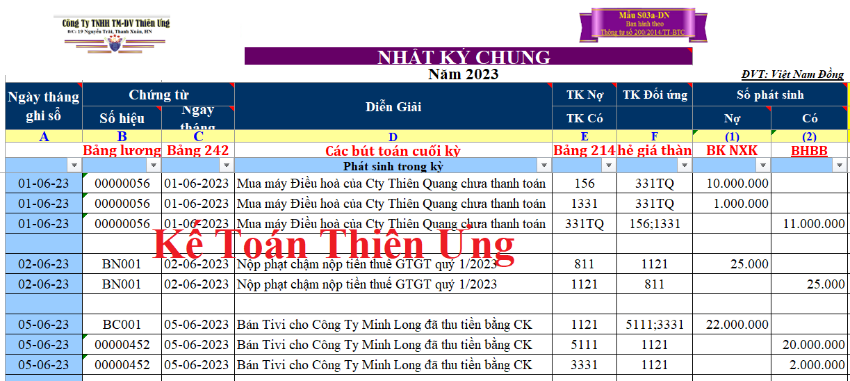 Mẫu sổ nhật ký chung trên Excel