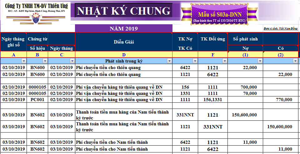 Mẫu sổ nhật ký chung trên excel theo thông tư 133