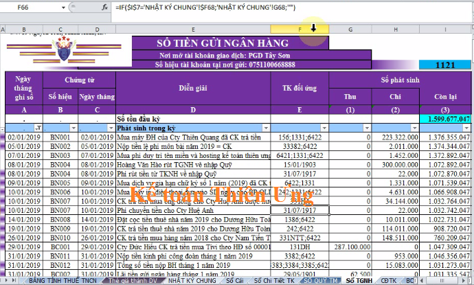 Mẫu sổ tiền gửi ngân hàng trên Excel