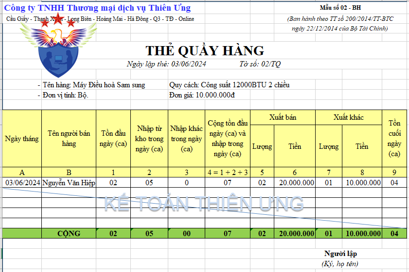 Mẫu thẻ quầy hàng theo TT 200