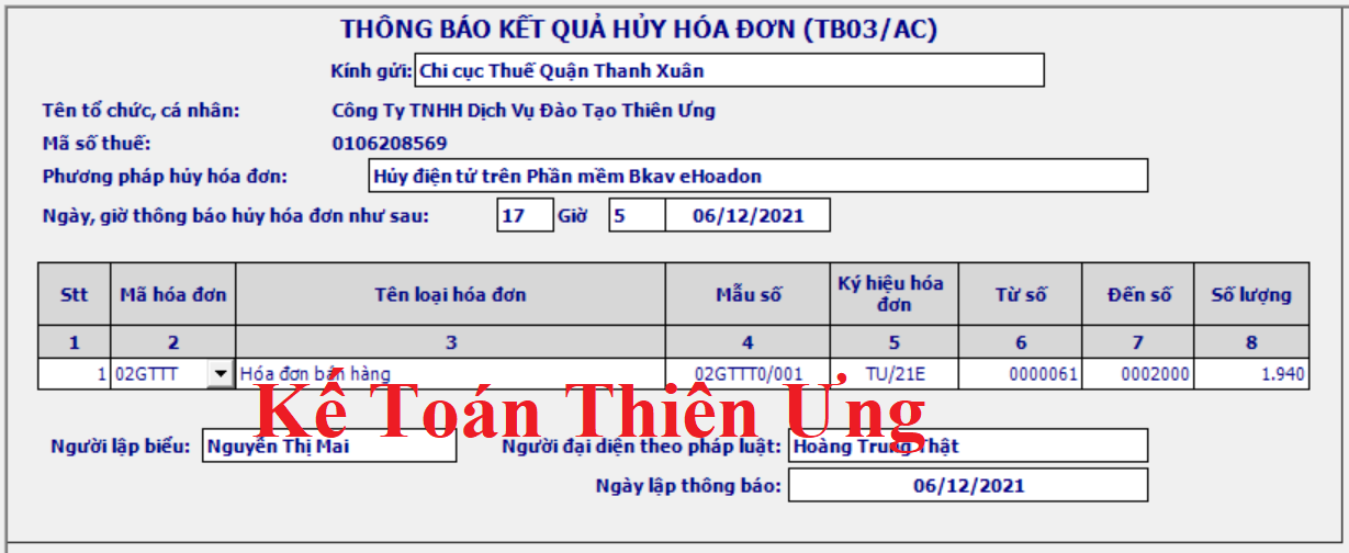 Mẫu thông báo kết quả hủy hóa đơn TB03/AC