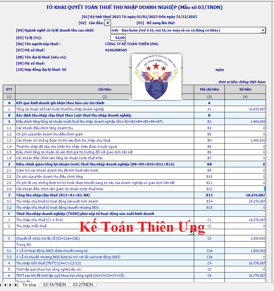 Mẫu tờ khai quyết toán thuế TNDN mẫu 03/TNDN