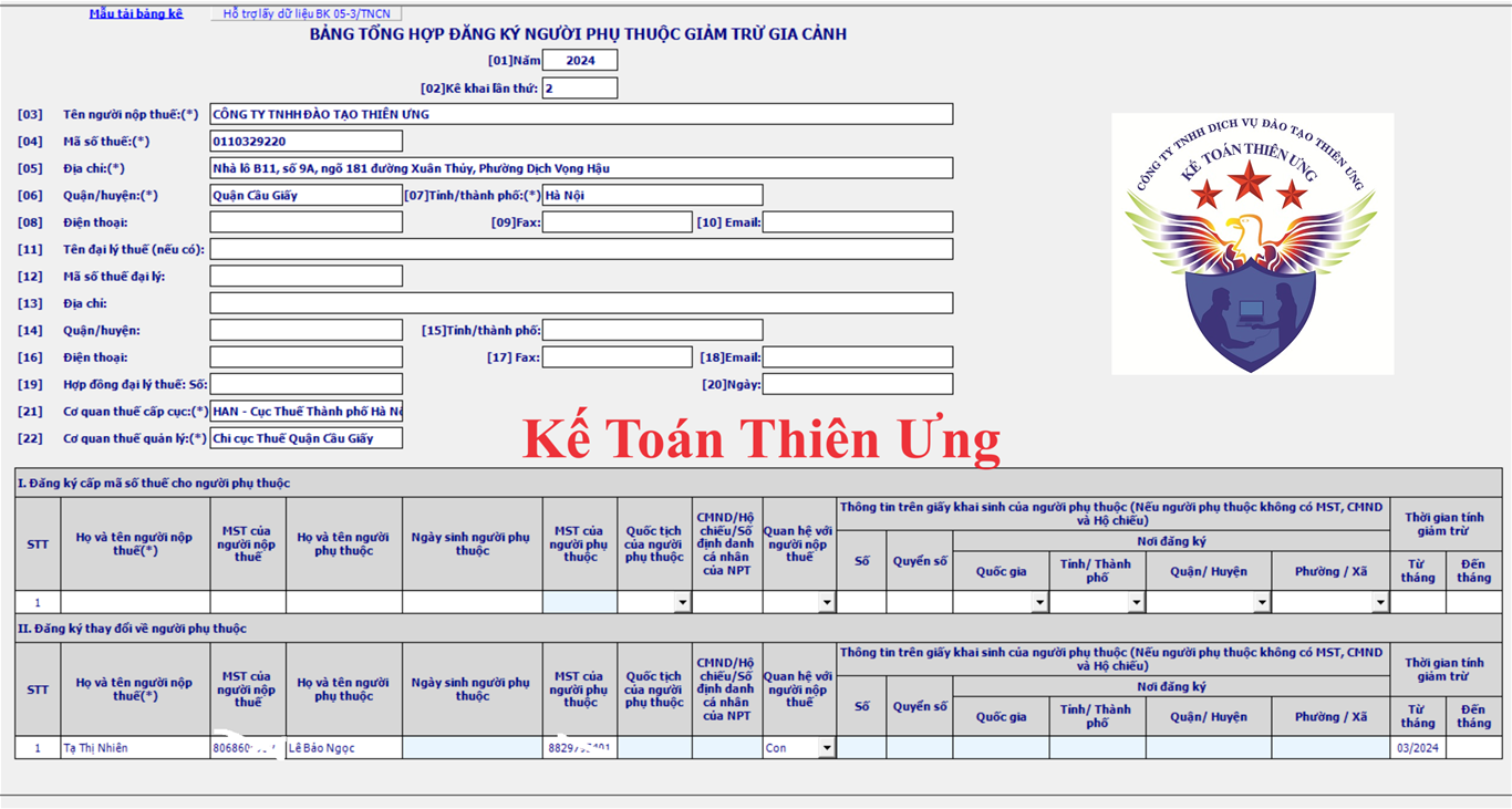 Mẫu tờ khai đăng ký người phụ thuộc