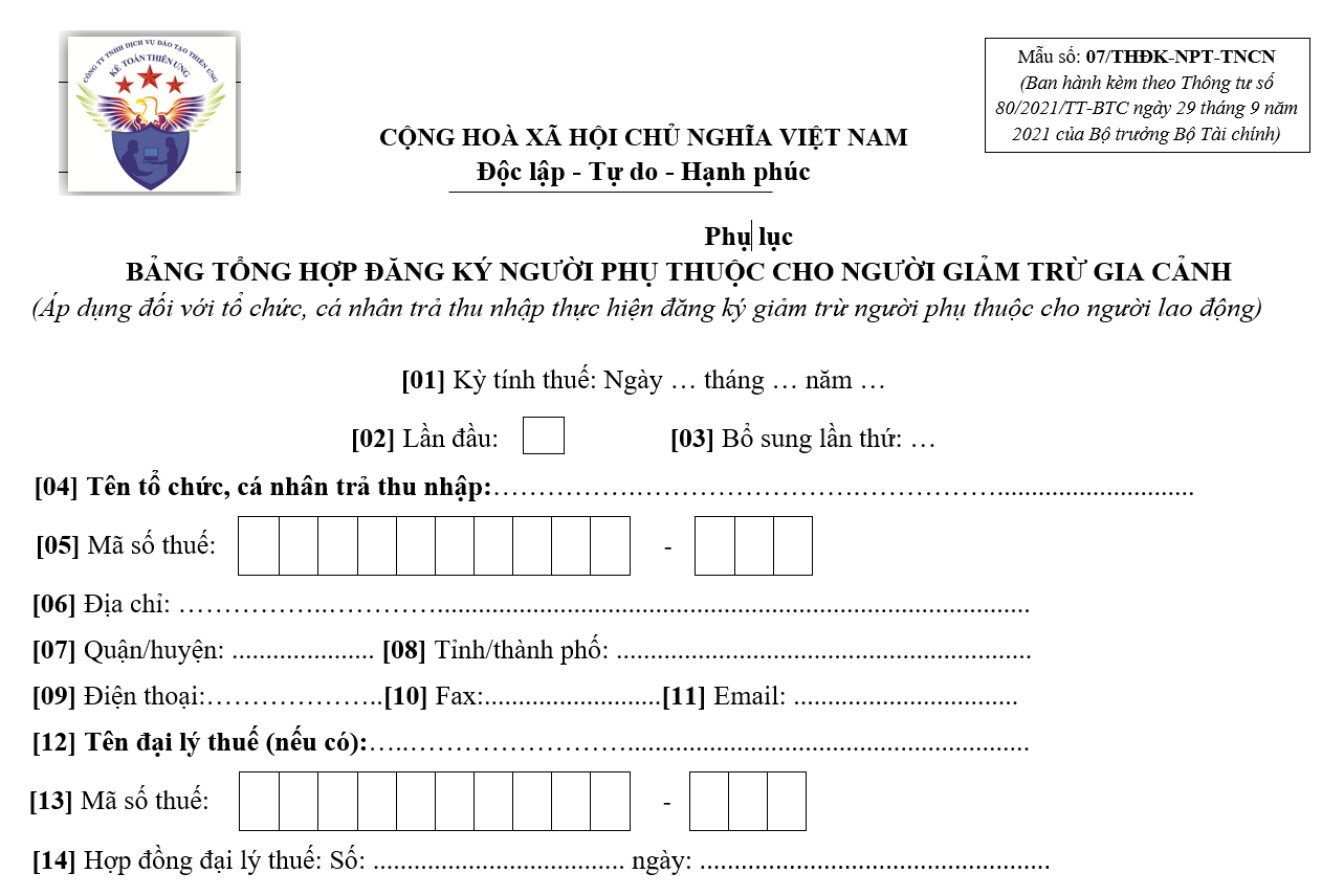 Mẫu 07/THĐK-NPT-TNCN tờ khai đăng ký NPT theo TT 80/2021/TT-BTC