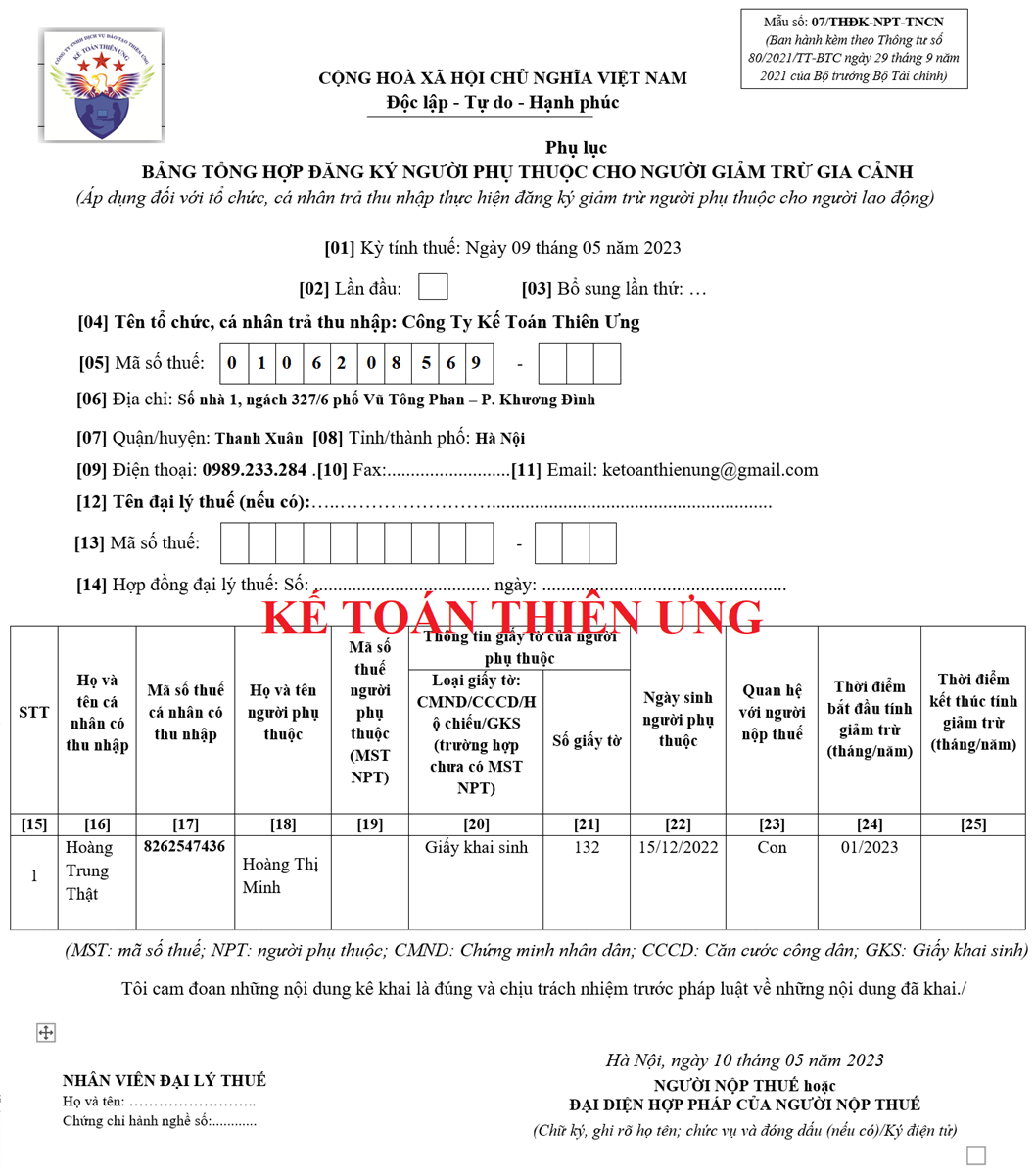 Mẫu 07/THĐK-NPT-TNCN tờ khai đăng ký NPT theo TT 80/2021