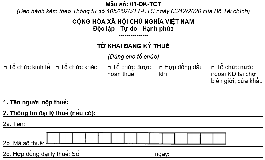 Mẫu tờ khai đăng ký thuế theo Thông tư 105