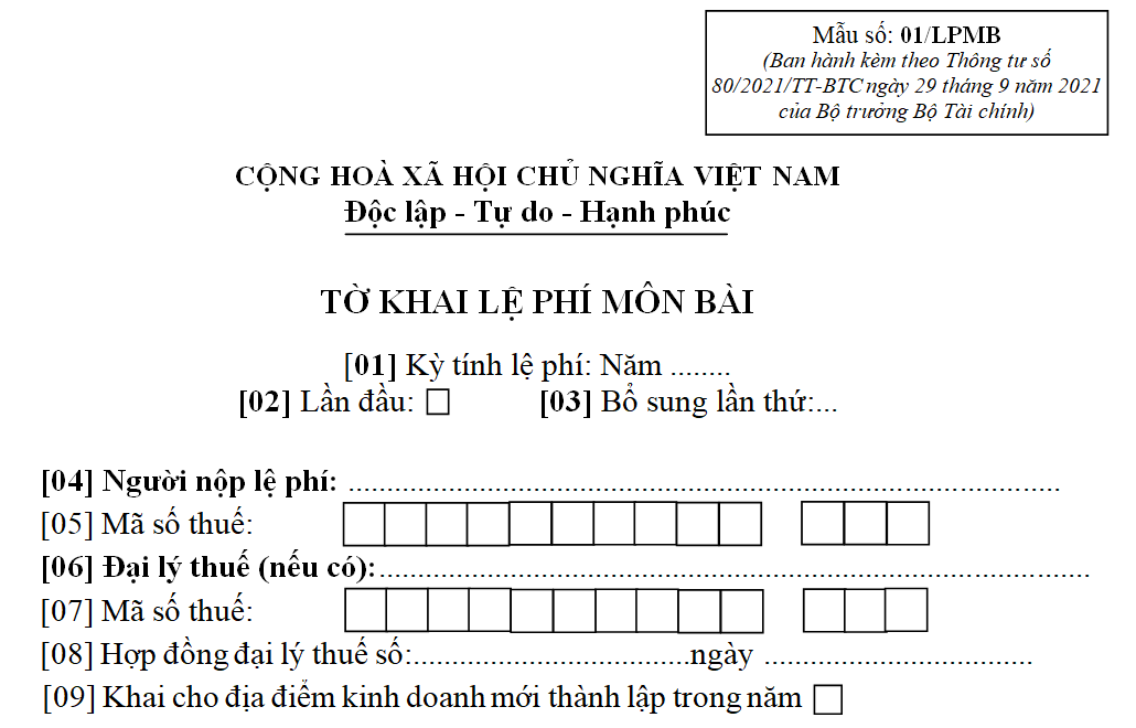 Mẫu tờ khai lệ phí môn bài 2020 theo thông tư 80/2021/TT-BTC