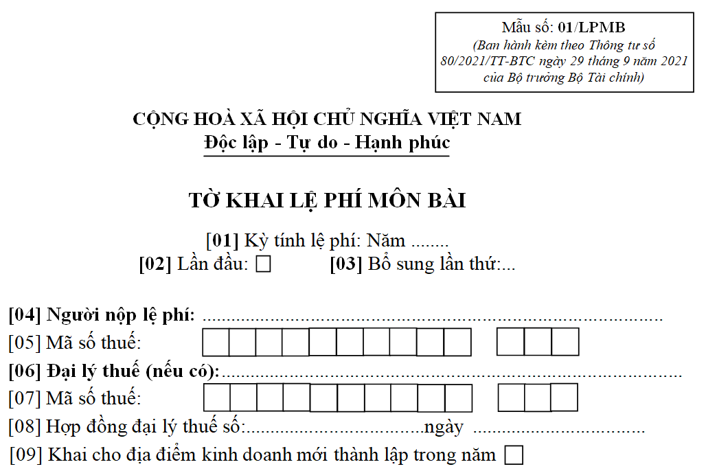 Mẫu tờ khai lệ phí môn bài năm 2025