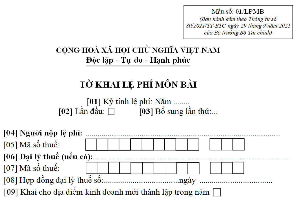 Mẫu tờ khai lệ phí môn bài năm 2022