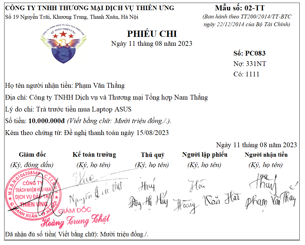 Phiếu chi tiền mặt Phiếu chi tiền mặt