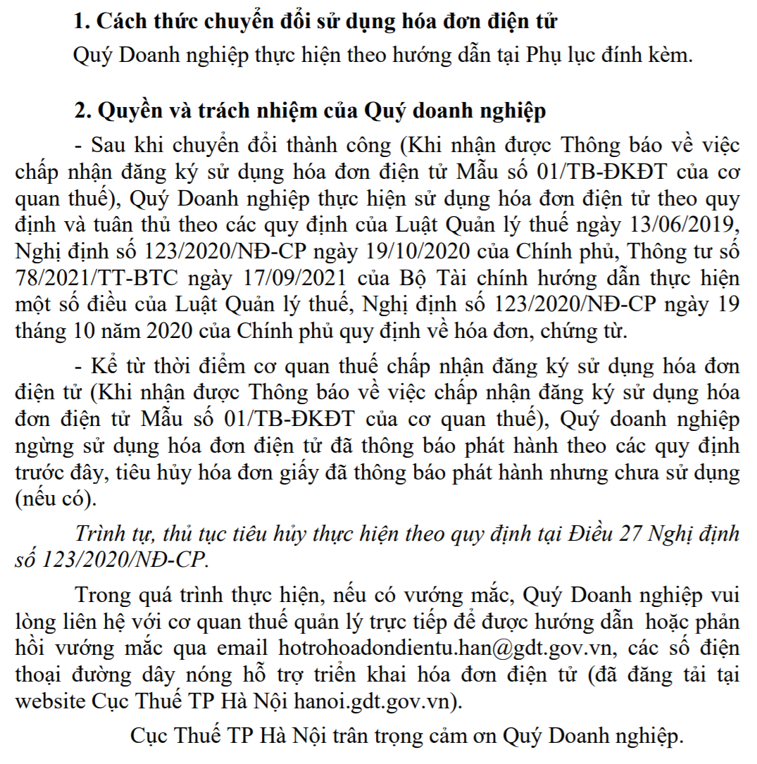 Thông báo về việc chuyển đổi sử dụng hóa đơn điện tử theo Luật Quản lý thuế, Nghị định 123/2020/NĐ-CP, Thông tư 78/2021/TT-BTC