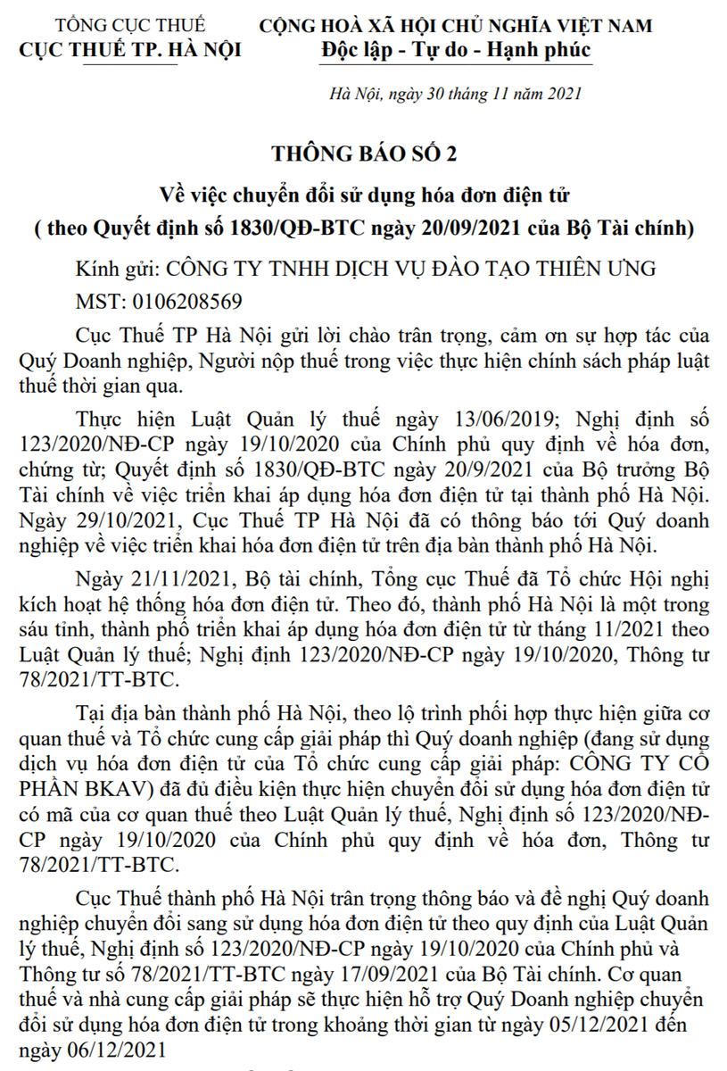 Thông báo về việc chuyển đổi sử dụng hóa đơn điện tử theo Luật Quản lý thuế, Nghị định 123/2020/NĐ-CP, Thông tư 78/2021/TT-BTC