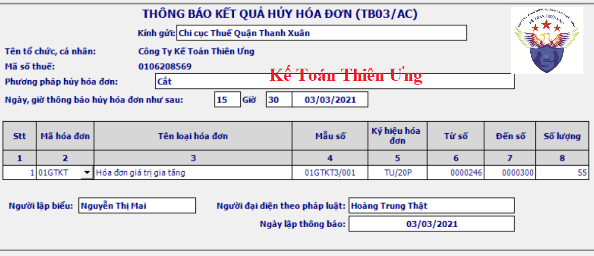 Mẫu thông báo kết quả hủy hóa đơn trên phần mềm HTKK