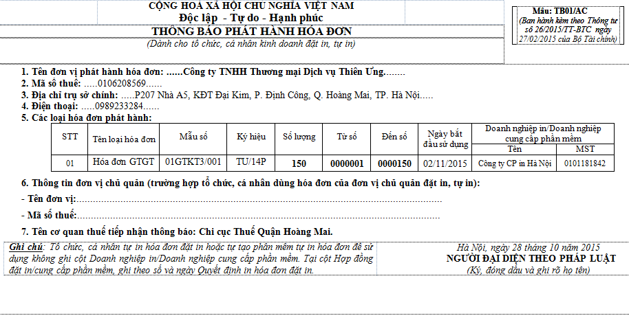 mẫu thông báo phát hành hóa đơn