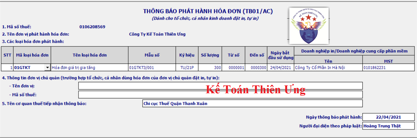 Mẫu thông báo phát hành hóa đơn