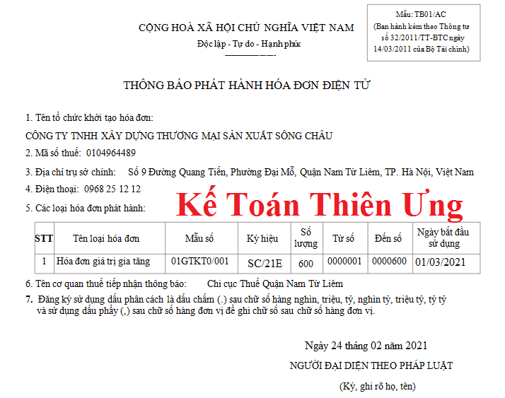 Mẫu thông báo phát hành hóa đơn điện tử theo thông tư 32