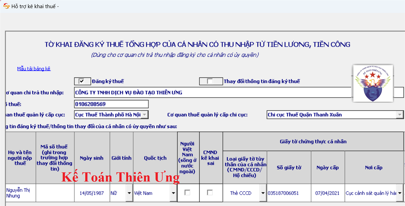 Mẫu tờ khai đăng ký mã số thuế TNCN