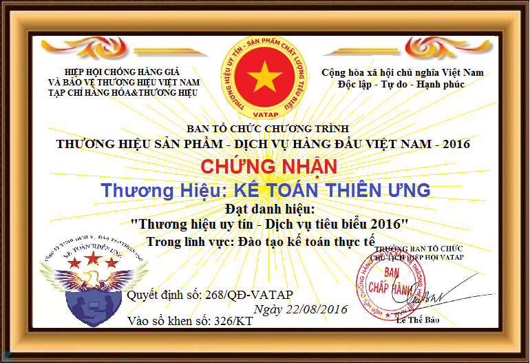 Giải thưởng: Thương Hiệu Uy Tín - Dịch Vụ Tiêu Biểu 2016